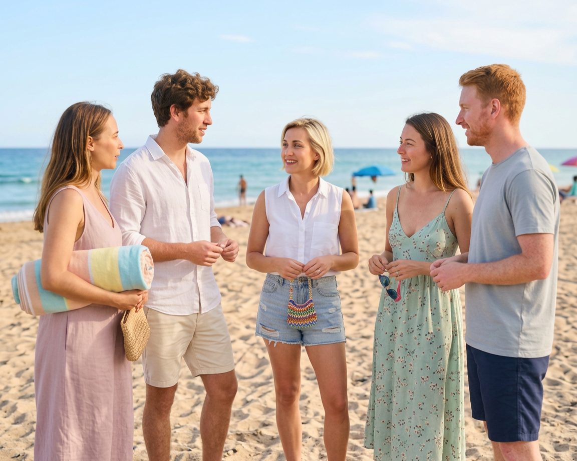 A small group of friends in summer clothes chatting together on a sunny beach
